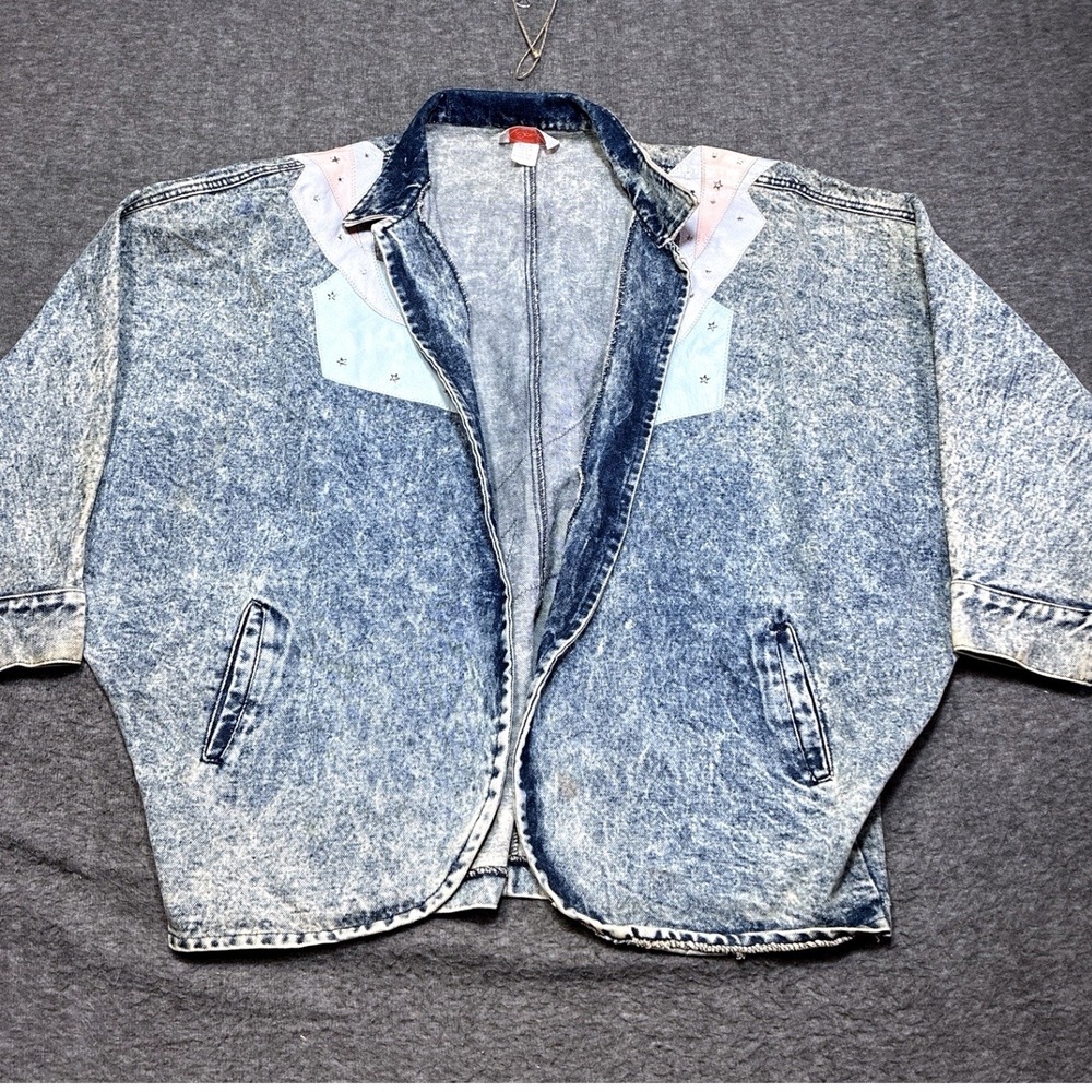 Vintage Opal Acid Wash Denim Jacket Womens XL‎ Blue Leather Trim Star Studs 80s
